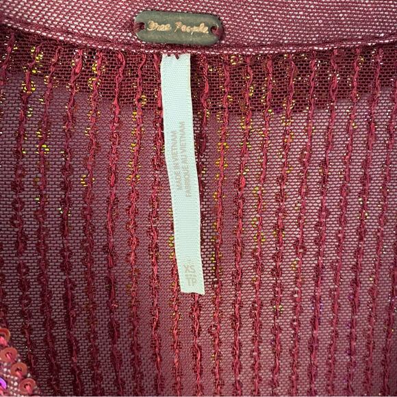 Free People NWOTS Red Sequin Shirtee Button Down Burgundy Maroon Top size XS - Picture 9 of 9